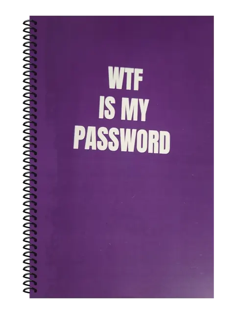 WTF Is My Password funny spiral notebook in purple (Deadline Purple) – 5.5 x 8.5 inch college ruled office notebook by Office Snarky